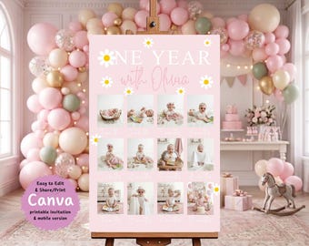 Isn’t She One-derful Daisy Milestone Poster Editable Canva 12 Month Photo Board