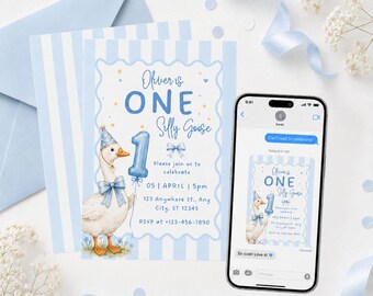 One Silly Goose Birthday Invitation Canva Template Blue Boy Editable First Birthday Invite