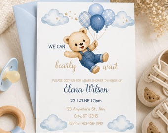 Blue Jean We Can Bearly Wait Baby Shower Invitation Editable Canva Template Boy Shower