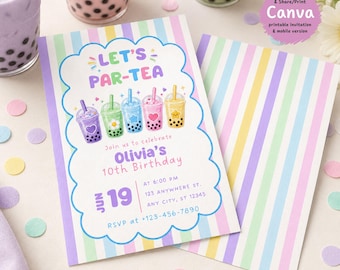 Boba Tea Birthday Invitation Template Girl, Editable Canva Bubble Tea Kawaii Party Invite, Instant Download Digital
