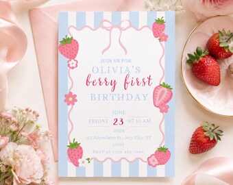 Berry First Birthday Invitation, Strawberry Birthday Party Editable Canva Template