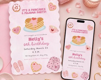 Pancakes and Pajama Party Invitation Template, Editable Canva Birthday Invite Printable and Mobile version