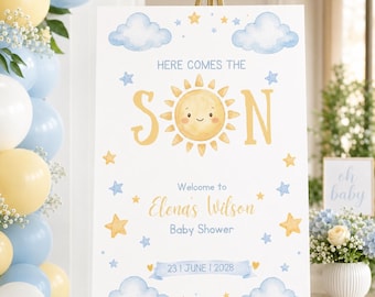Here Comes the Son Shower Welcome Sign, Boy Baby Shower Template Editable Canva Poster