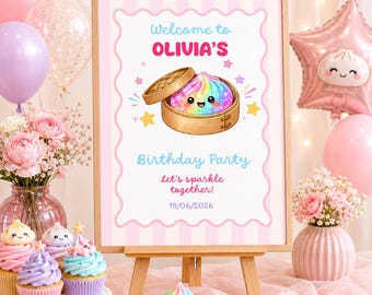 Szablon powitalnego znaku na urodziny z błyszczącym pierożkiem, edytowalny znak na imprezę Canva, wystrój kawaii