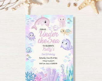Under The Sea Birthday Invitation, Watercolor Sea Animals (Digital Download)