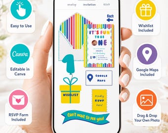 Invito per il primo compleanno "Fun To Be One" con conferma di partecipazione (RSVP) - Invito per il primo compleanno modificabile in Canva