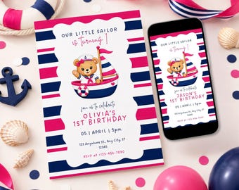Pink Nautical First Birthday Invitation Template, Editable Canva Baby Girl Sailor Invite (Printable + Mobile)