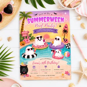 May include: A Summerween Pool Party invitation card featuring cartoon ghosts in pool floats, a palm tree, a surfboard, and a jack-o'-lantern. The text includes event details for Emma's 10th birthday, date, time, location, and party instructions.