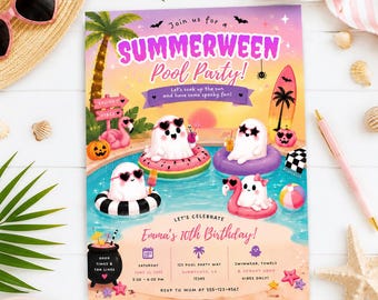 Girly Summerween Birthday Invitation Template Editable Canva Halloween Summer Party Invite