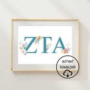 Zeta Tau Alpha Sorority College Dorm Room Decor Digital Print Instant Download Wall Art Blue Teal Floral Design Many Sizes Available