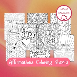Pacote de páginas para colorir com afirmações, 15 folhas para colorir, download instantâneo, PDF para impressão, atividade motivacional e sem estresse, vibrações positivas