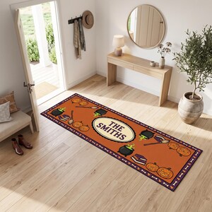 Alfombra de pasillo con diseño de calabaza de Halloween, felpudo de entrada personalizado con nombre, antideslizante y lavable.