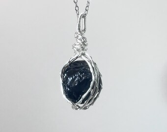 Black Obsidian Wire-Wrapped Pendant – Natural Crystal, Protection