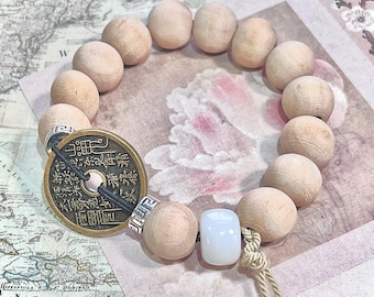 Jasmine-Scented Wooden Bead Bracelet – Mountain Spirit Copper Coin, Good Luck Charm