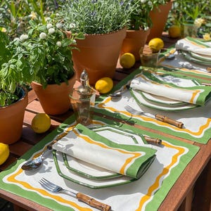 Hand appliqué Belgian linen placemats and dinner napkins beige, green and yellow  (8 sets/16 pieces)