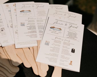 Modern Infographic Wedding Program Template, Timeline, Hand Fan (5x7) (Canva Template)