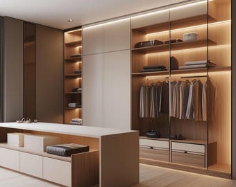 Begehbarer Kleiderschrank Innendesign mit minimalistischem Thema, benutzerdefiniertem 3D-Modell und realistischer Visualisierungs-Wiedergabe | Individuelle Garderobe