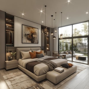 Puede incluir: Un dormitorio moderno con una cama grande, un banco y una gran ventana con vistas a un patio exterior. La cama tiene un cabecero beige y está cubierta con ropa de cama beige, mantas marrones y almohadas naranjas. Una gran pintura abstracta cuelga sobre la cama.
