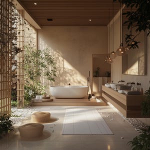 Puede incluir: Un baño moderno con una bañera independiente, un tocador de madera con lavabos dobles y una gran ventana con vistas a un exuberante jardín verde. El baño presenta un diseño minimalista con materiales naturales e iluminación cálida.