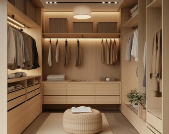 Begehbarer Kleiderschrank, Schlafzimmer und Badezimmer Interior Design Japandi Style | Individueller 3D Grundriss und Umsetzungs-Ratgeber | ArchitekturVisualisierung