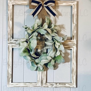 Farmhouse wooden frame decor with wreath, antiqued window frame, distressed window frame, farmhouse wall decor