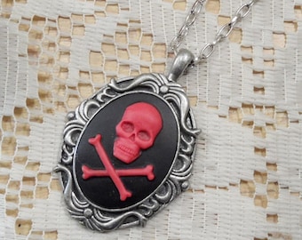 Skull necklace, Skull and cross bones, Cameo necklace, red skull necklace, lady pirate gift, stocking stuffer, pirate jewelry