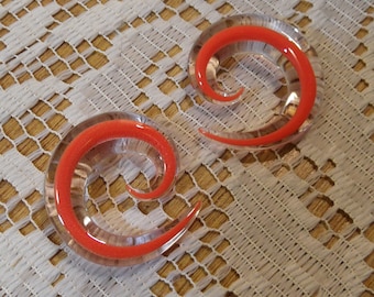 Glass spirals 1/2 inch gauges redish orange and clear glass spiral