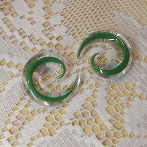 Glass spirals 1/2 inch gauges in green and clear glass spiral