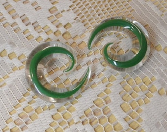 Glass spirals 1/2 inch gauges in green and clear glass spiral
