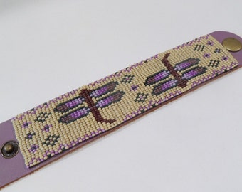 Dragonfly bracelet, Seed bead bracelet, on leather, purple dragonfly, purple leather, cuff bracelet, gift for girlfriend