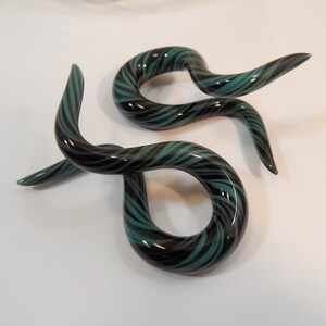 Glass Spiral, 00g, glass gauges, turquoise blue and black stripped spiral, 00 gauge
