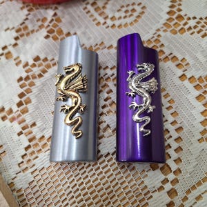 Lighter case, full size Bic lighter, Dragon lighter case, Sliver and gold, Violet and silver