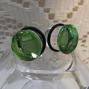 Glass plugs, 5/8 inch, transparent green and clear glass plugs, 5/8 gauge