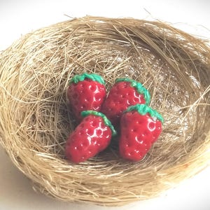 Op de afbeelding: Vier glanzende, rode aardbeien met groene toppen liggen in een geweven nest van gedroogd gras. Het nest heeft een lichtbruine kleur en de aardbeien hebben een levendige uitstraling. De achtergrond is wit.