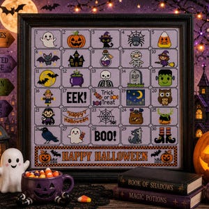 May include: A framed cross-stitch sampler featuring a 30-day Halloween countdown grid. Each square contains a unique embroidered icon such as ghosts, pumpkins, bats, and text like 'EEK!', 'Trick or Treat', and 'BOO!', with 'HAPPY HALLOWEEN' at the bottom.