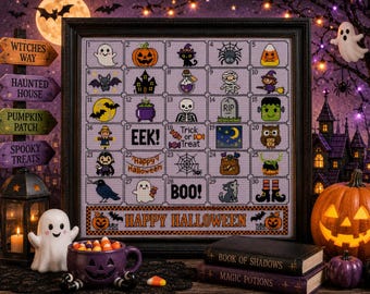 Pode incluir: Um mostruário de ponto cruz emoldurado com uma grade de contagem regressiva de Halloween de 30 dias. Cada quadrado contém um ícone bordado único como fantasmas, abóboras, morcegos e textos como 'EEK!', 'Trick or Treat', 'BOO!' e 'HAPPY HALLOWEEN'.