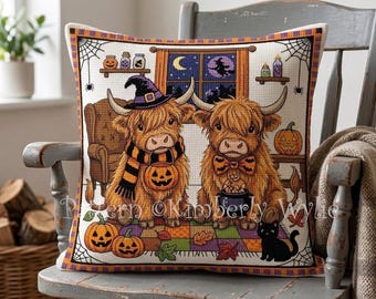 Halloween Highland Cows Cross Stitch Pattern PDF | Spooky Cow Pillow Decor | Gothic Farmhouse Halloween Decor | Instant PDF Download