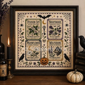 May include: Framed cross-stitch art featuring a Halloween theme. The artwork includes botanical illustrations of Poison Ivy, Nightshade, Moonflower, and Wolfsbane, with text labels. A bat, key, and pumpkin are also included in the design. The color palette is primarily green, purple, and gold.