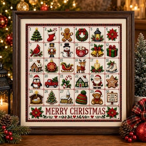 May include: A framed cross-stitch sampler featuring a grid of thirty numbered squares, each displaying a unique Christmas-themed icon such as a tree, snowman, or reindeer. The bottom section features the text Merry Christmas with poinsettia accents.