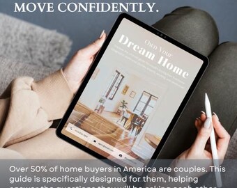 Pode incluir: Uma pessoa segurando um tablet exibindo "Own Your Dream Home". A tela mostra o interior de uma sala de estar. O texto "Buy Smart. Move Confidently." está no topo. A imagem promove imóveis e a compra de casas.