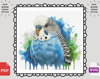 セキセイインコのクロスステッチパターン：水彩画風の鳥の刺繍（PDF