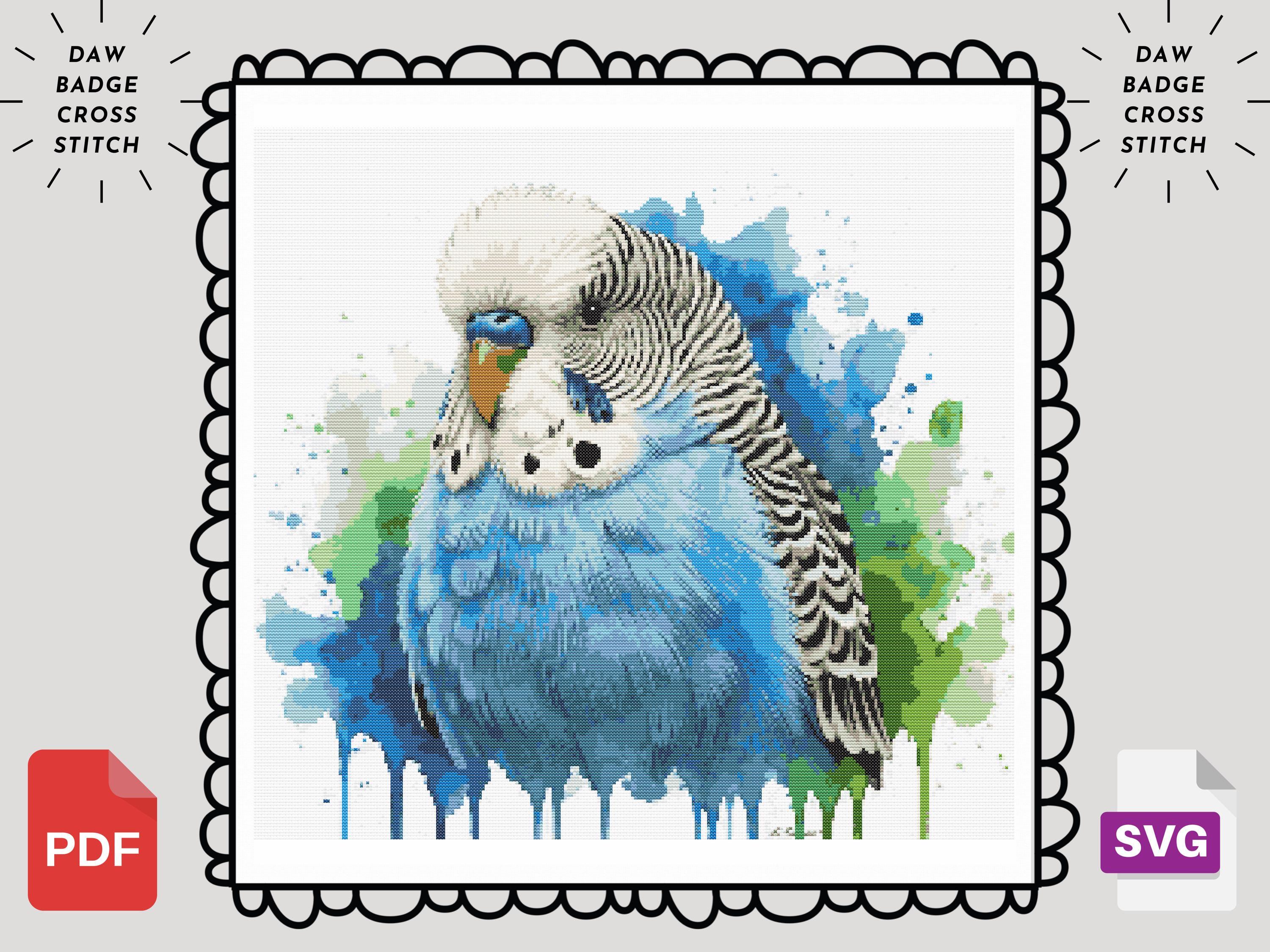 セキセイインコのクロスステッチパターン：水彩画風の鳥の刺繍（PDF