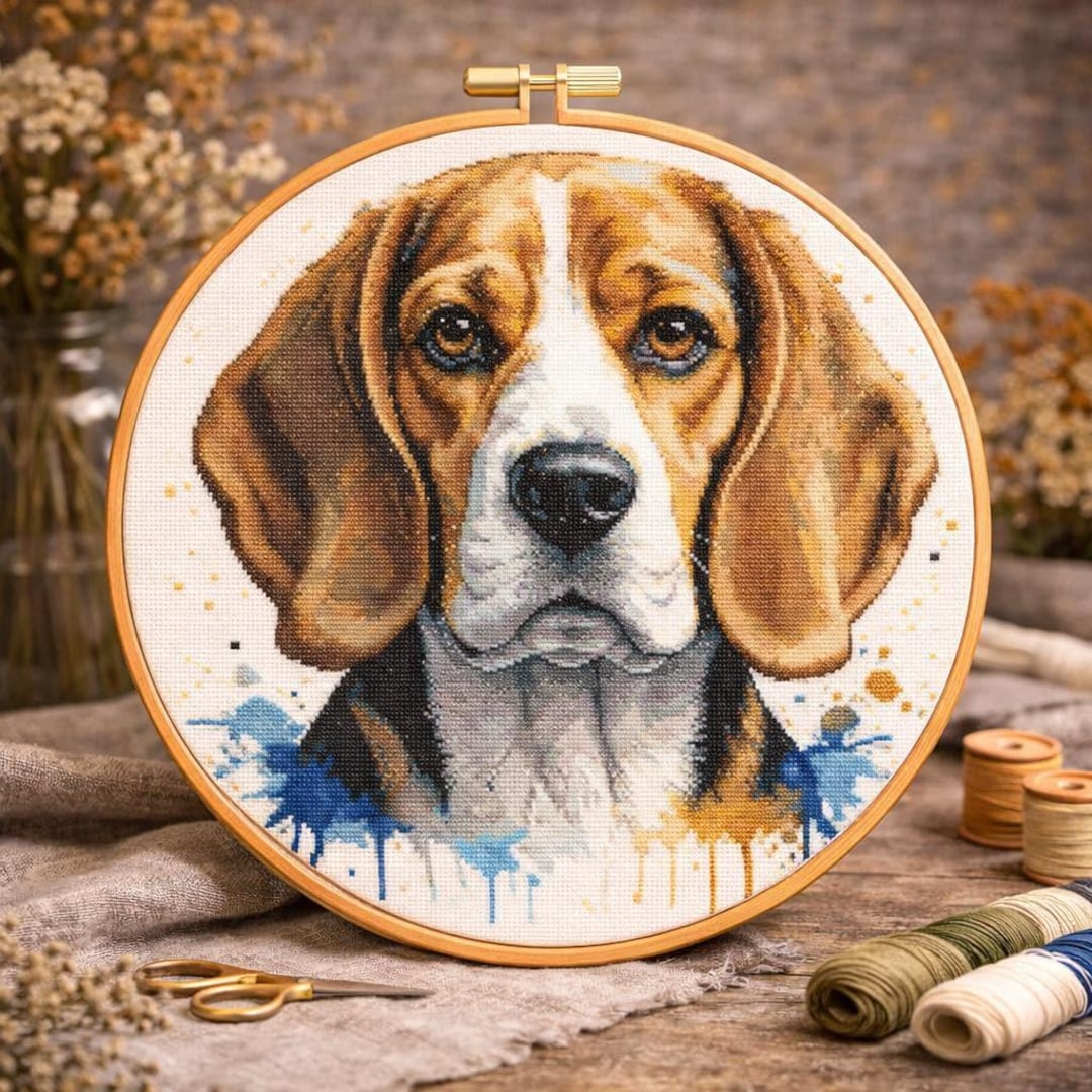 ビーグル犬のクロスステッチ図案：水彩画風動物刺繍（PDF） - Etsy 日本