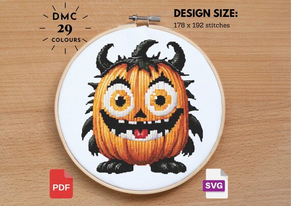 モンスターパンプキンのクロスステッチパターン、ハロウィーンの不気味