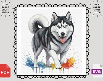 シベリアンハスキーのクロスステッチパターン：水彩画風犬の刺繍（PDF