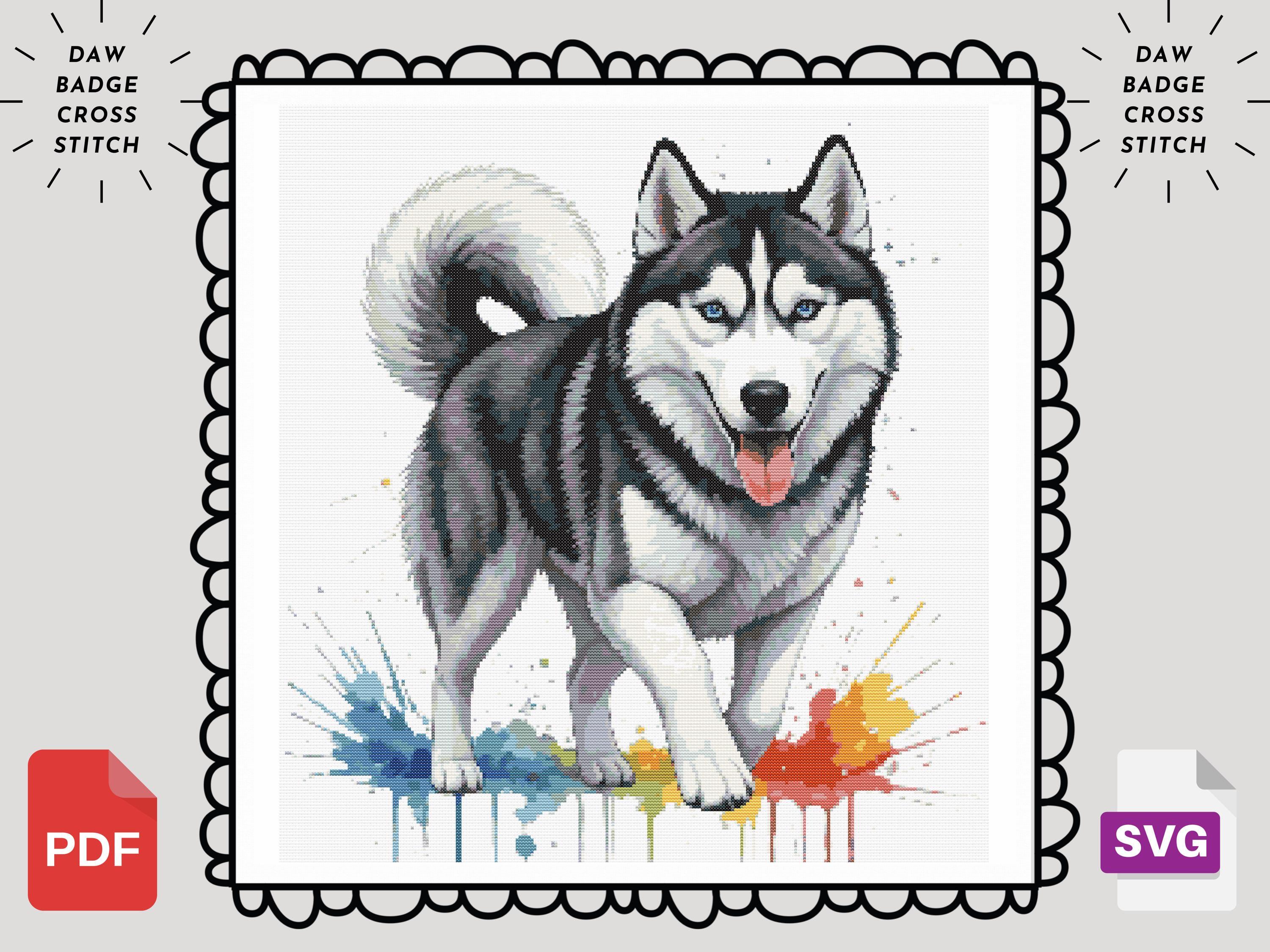 シベリアンハスキーのクロスステッチパターン：水彩画風犬の刺繍（PDF