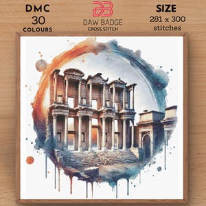 Puede incluir: Un patrón de punto de cruz de acuarela de las antiguas ruinas de Éfeso, Turquía. El patrón tiene 281 x 300 puntos y utiliza 30 colores DMC.
