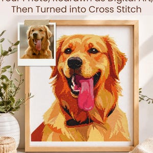 May include: A custom pet cross stitch featuring a golden retriever with a pink tongue. The cross stitch is framed in a light wood frame. The image includes a smaller photo of the dog and text that reads "Custom Pet Cross Stitch".