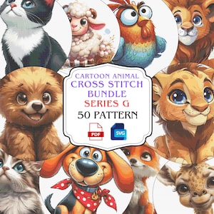 Cartoon Animal Cross Stitch Pattern Bundle, Large Embroidery Set, Printable Stitch Pack, Animal Pattern Chart, Cross Stitch Design, Series G