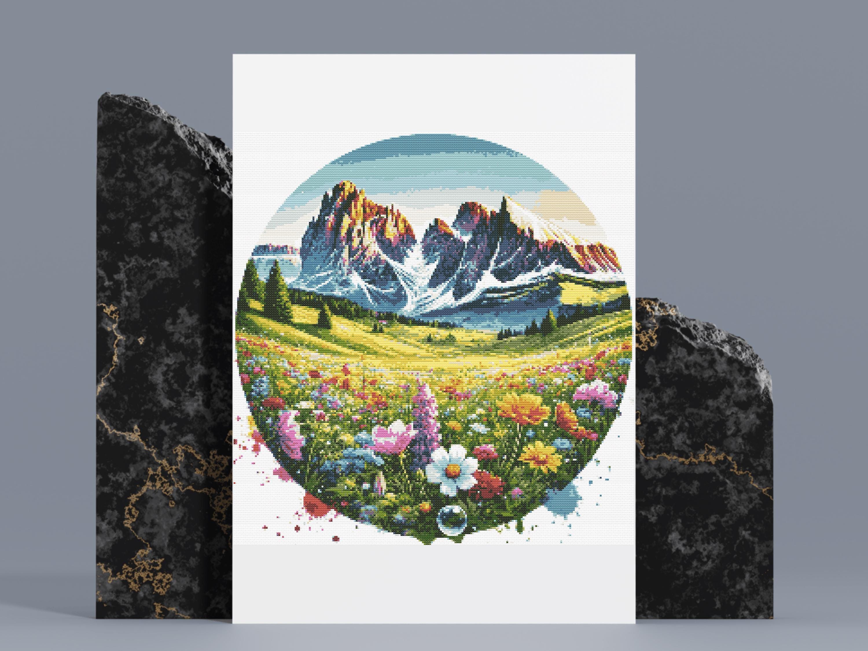 アルプスの草原のクロスステッチパターン：春の山岳風景（PDF） - Etsy